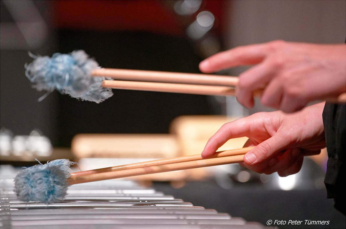 Nahaufnahmefoto von Evis Händen, die Marimba spielen